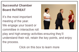 ￼Successful Chamber Board ReTREAT  

It’s the most important meeting of the year.  
We engage your board or committee in interactive roll play and high-energy activities ensuring they’ll understand their roll, retain the key points, and enjoy the process.
Click on this box to learn more